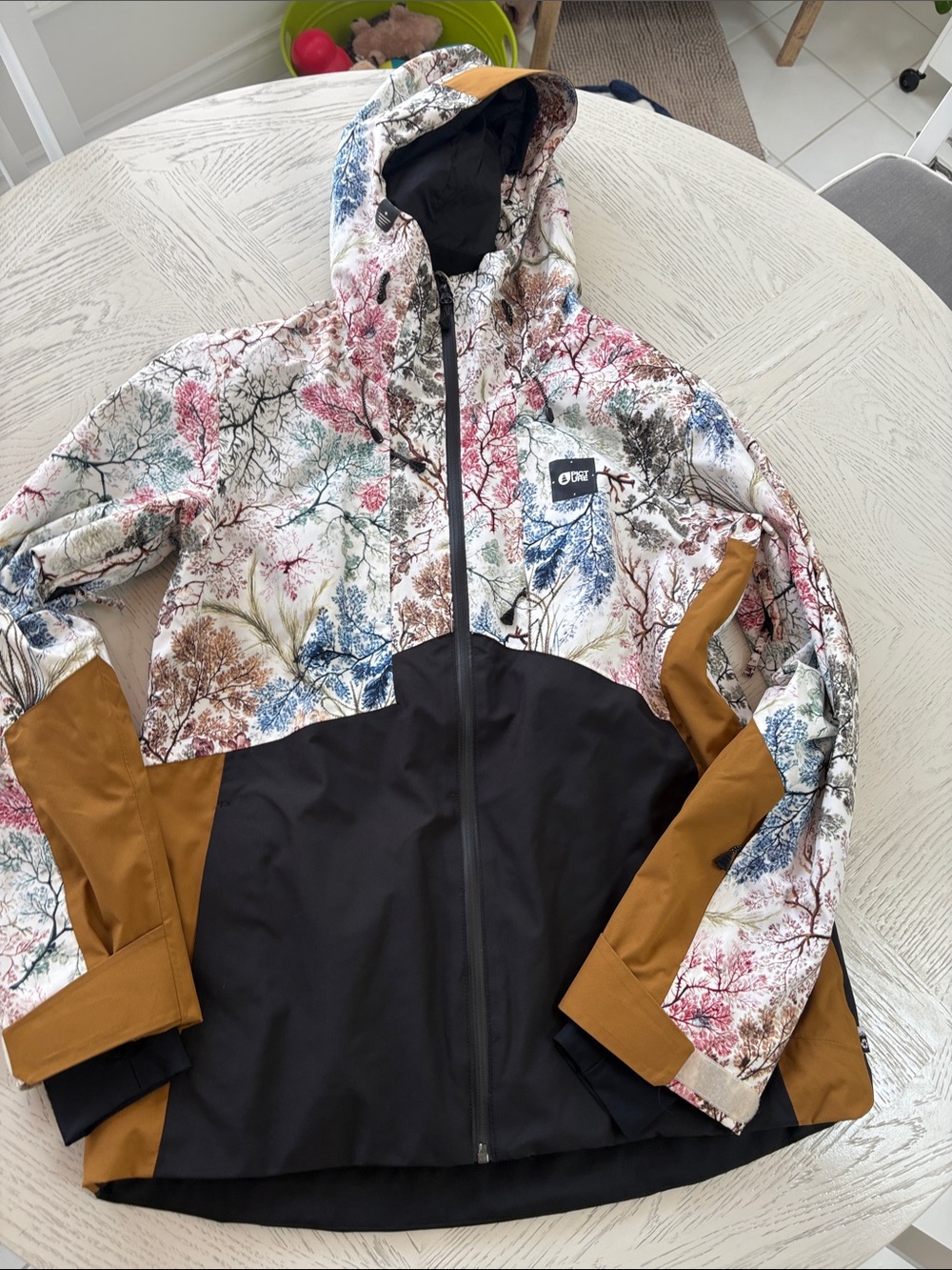 Kids Picture Multicolor Botanical Ski Jacket with Black and Brown Panels